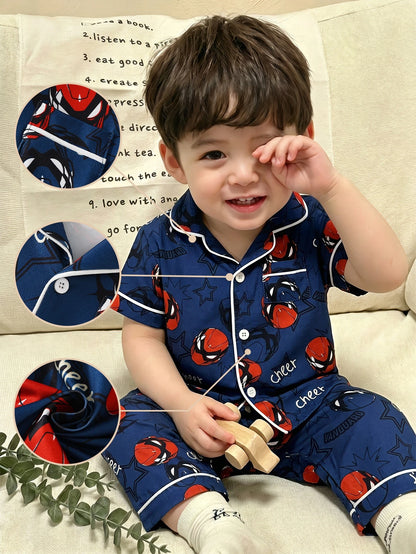 Baby Boy Fashion Minimalist Cool Classic Casual Comfortable Daily Soft Knit Multi-Color Spider Hero Cartoon Print Short Sleeve Open Front Collar Top And Long Pants Home Wear Pajama Set 2-Piece