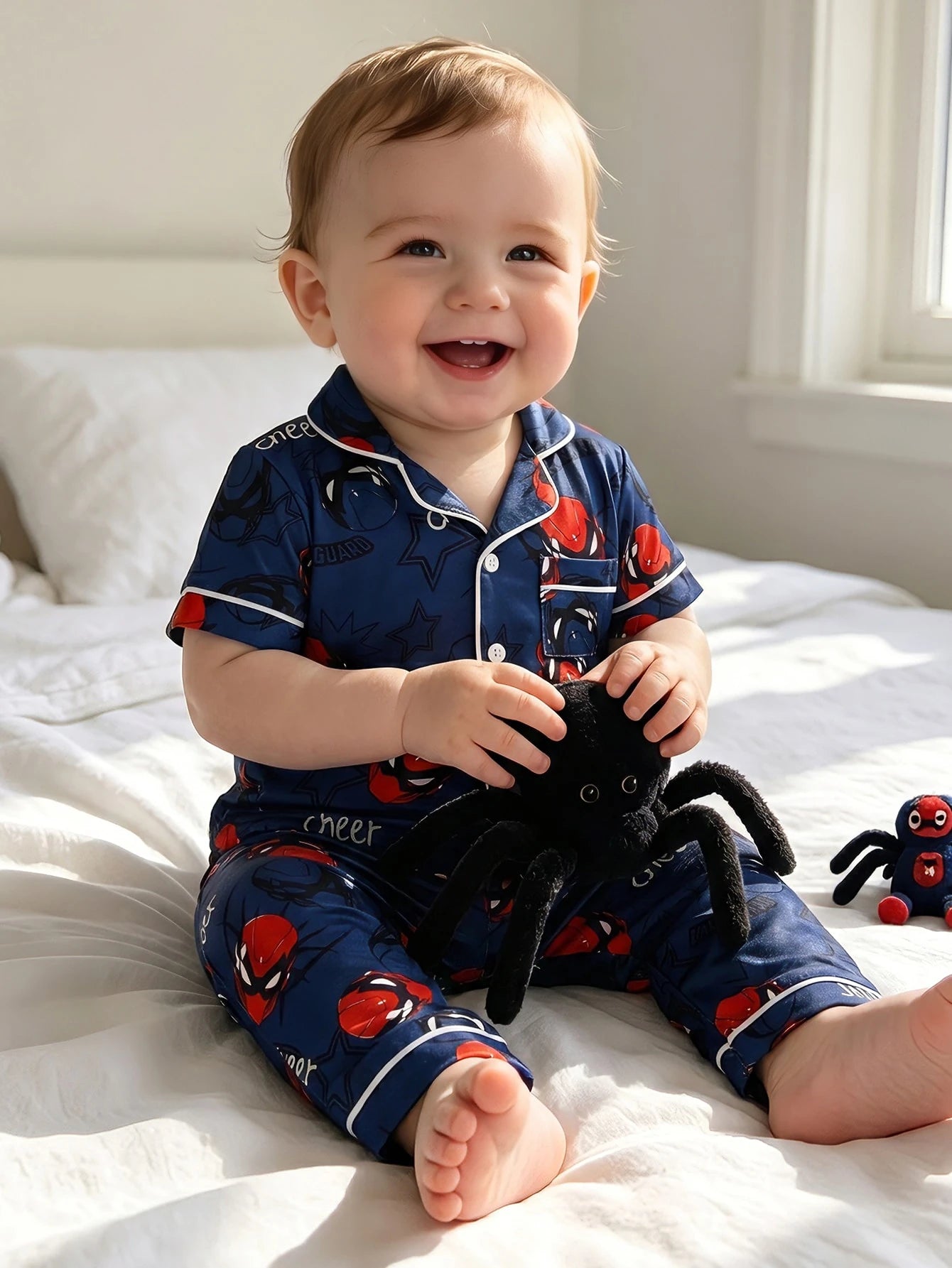 Baby Boy Fashion Minimalist Cool Classic Casual Comfortable Daily Soft Knit Multi-Color Spider Hero Cartoon Print Short Sleeve Open Front Collar Top And Long Pants Home Wear Pajama Set 2-Piece