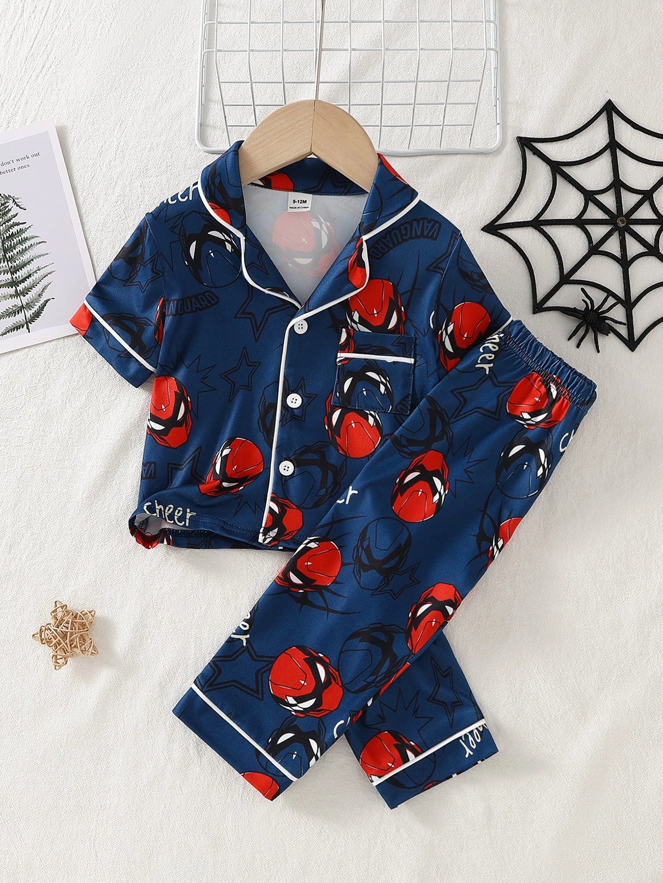Baby Boy Fashion Minimalist Cool Classic Casual Comfortable Daily Soft Knit Multi-Color Spider Hero Cartoon Print Short Sleeve Open Front Collar Top And Long Pants Home Wear Pajama Set 2-Piece