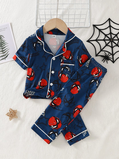 Baby Boy Fashion Minimalist Cool Classic Casual Comfortable Daily Soft Knit Multi-Color Spider Hero Cartoon Print Short Sleeve Open Front Collar Top And Long Pants Home Wear Pajama Set 2-Piece