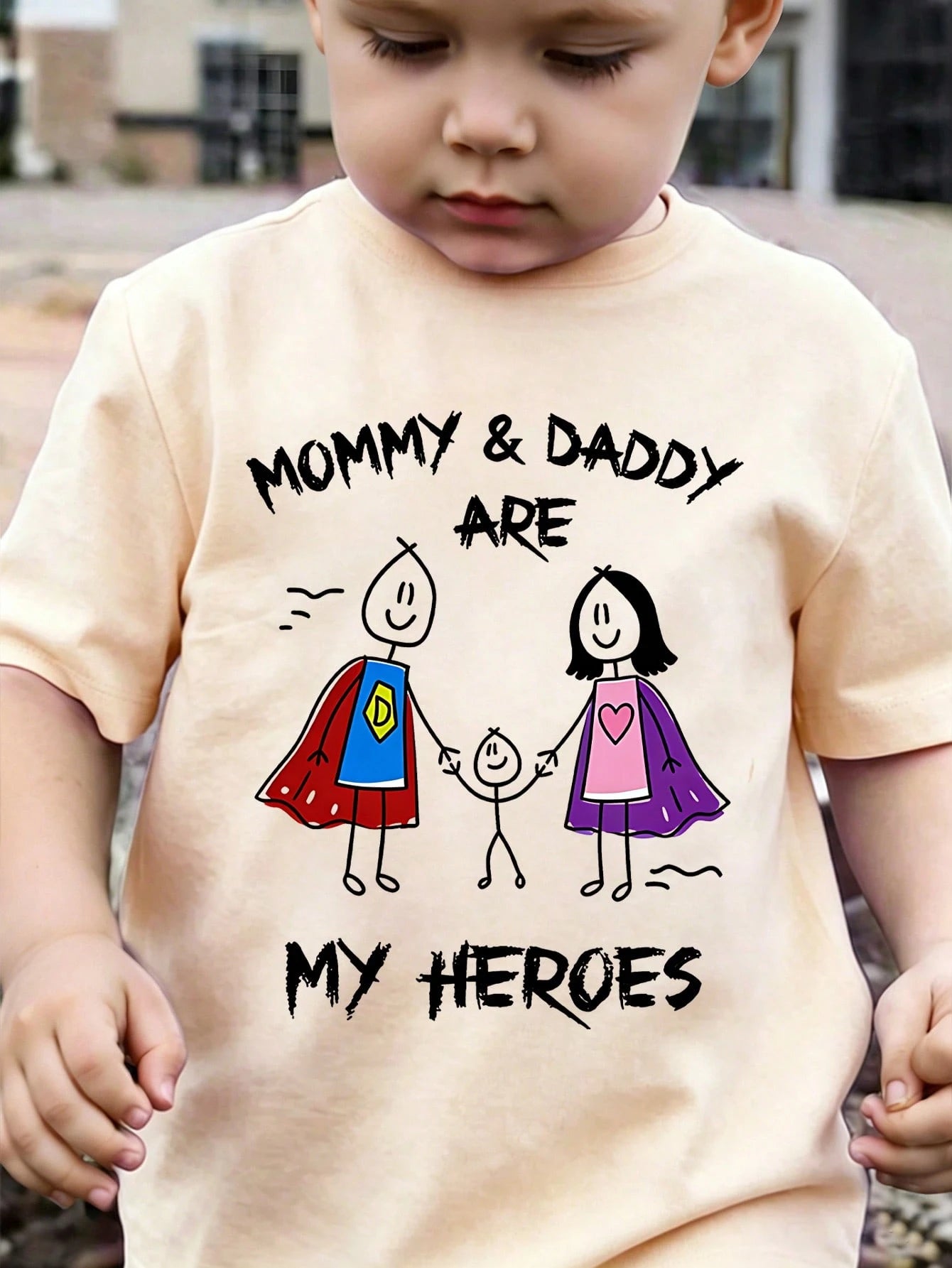 Baby Boy Fresh Cute Cartoon Simple Character Heart Print Beige Short Sleeve T-Shirt, Comfortable Casual Vibe Top
