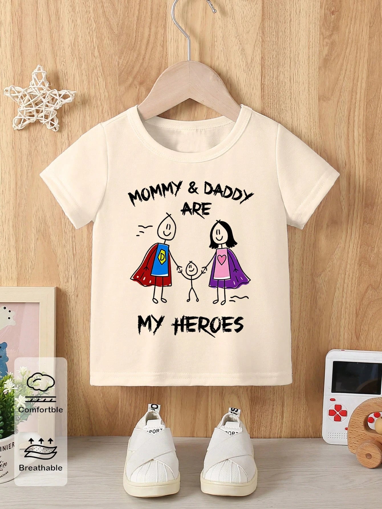 Baby Boy Fresh Cute Cartoon Simple Character Heart Print Beige Short Sleeve T-Shirt, Comfortable Casual Vibe Top