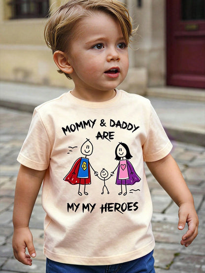 Baby Boy Fresh Cute Cartoon Simple Character Heart Print Beige Short Sleeve T-Shirt, Comfortable Casual Vibe Top