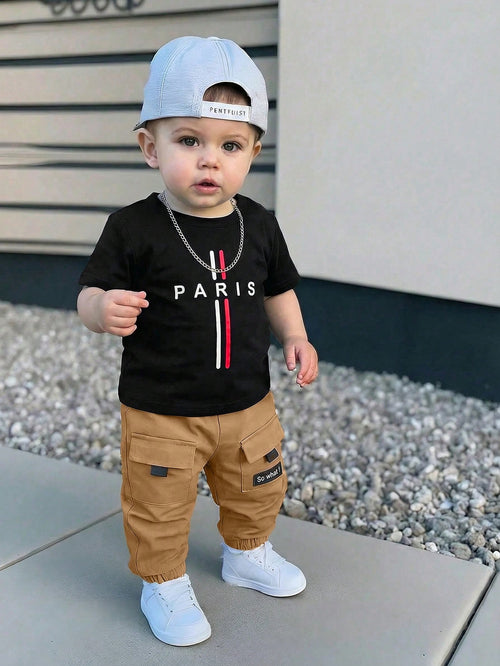 Baby Boy/Girl Cute Casual Letter Print Loose Short Sleeve T-Shirt And Cargo Pants Set With Large Pockets, Suitable For Spring, Summer, Autumn