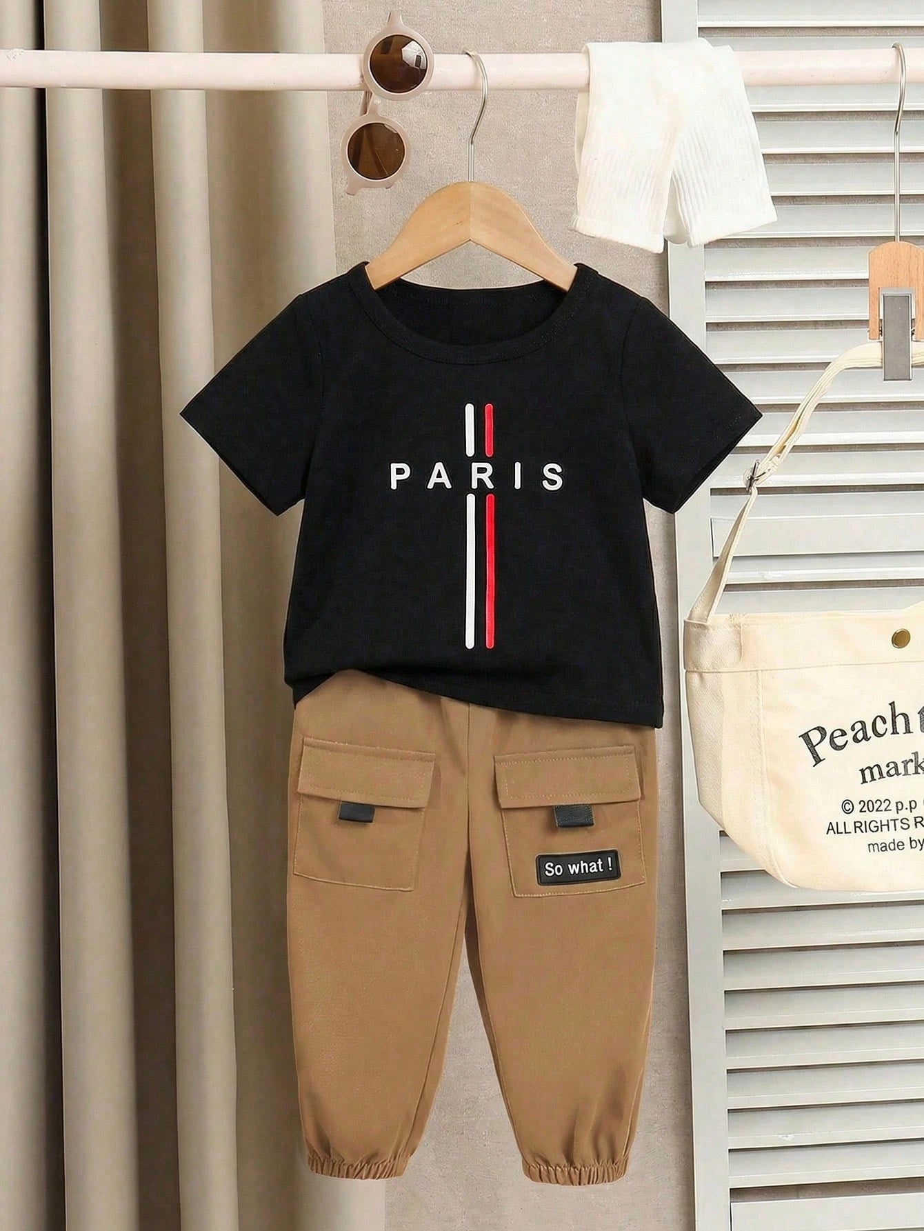 Baby Boy/Girl Cute Casual Letter Print Loose Short Sleeve T-Shirt And Cargo Pants Set With Large Pockets, Suitable For Spring, Summer, Autumn