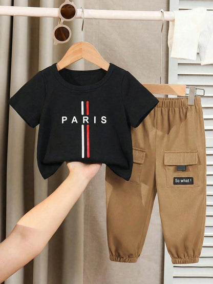 Baby Boy/Girl Cute Casual Letter Print Loose Short Sleeve T-Shirt And Cargo Pants Set With Large Pockets, Suitable For Spring, Summer, Autumn