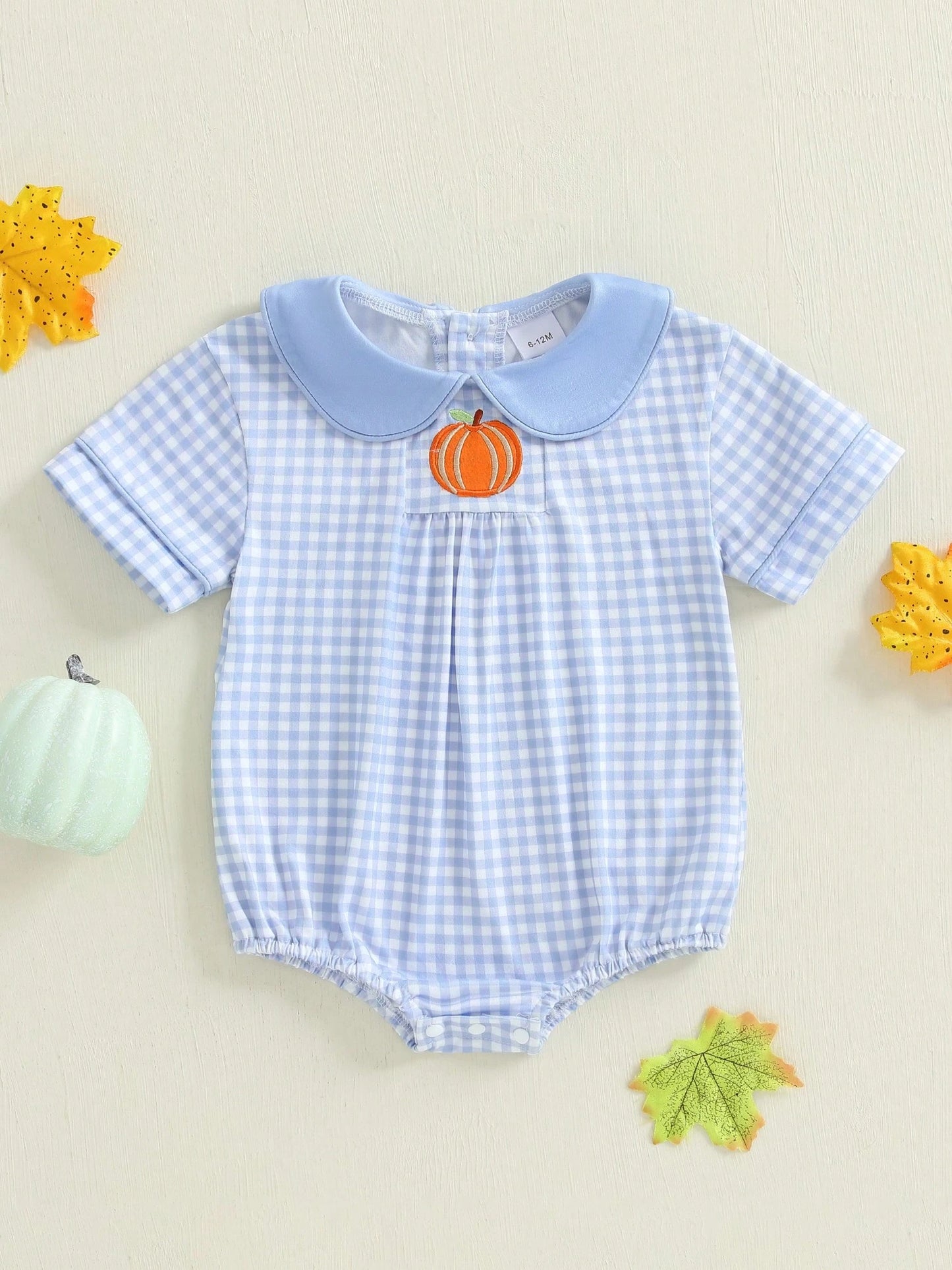 Baby Boy Girl Halloween Bubble Romper Pumpkin Embroidery Gingham Short Sleeve Peter Pan Collar Bodysuit Fall Outfits