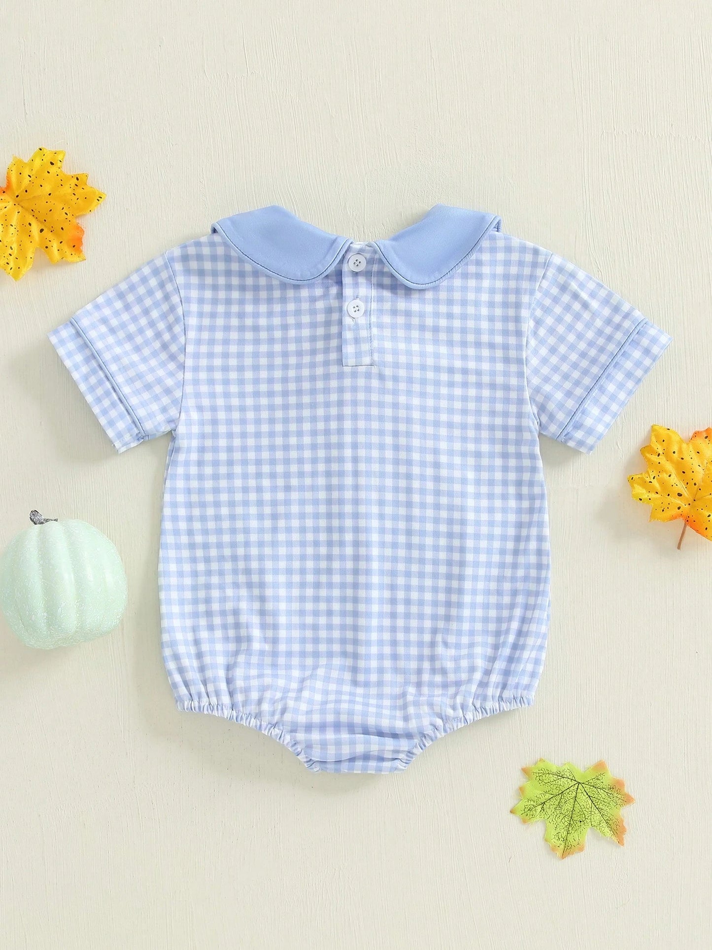 Baby Boy Girl Halloween Bubble Romper Pumpkin Embroidery Gingham Short Sleeve Peter Pan Collar Bodysuit Fall Outfits