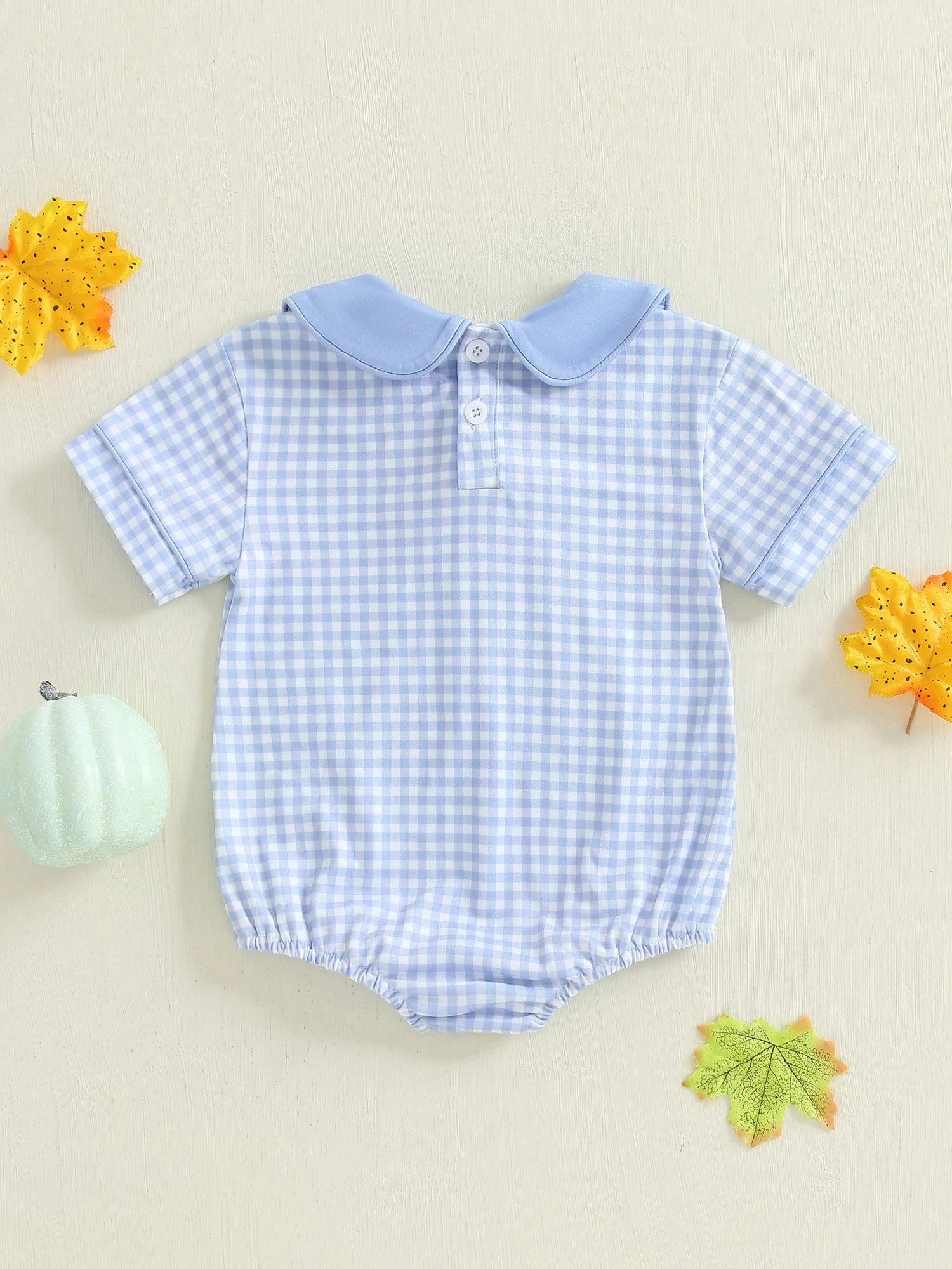 Baby Boy Girl Halloween Bubble Romper Pumpkin Embroidery Gingham Short Sleeve Peter Pan Collar Bodysuit Fall Outfits