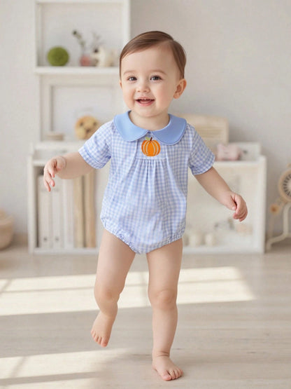 Baby Boy Girl Halloween Bubble Romper Pumpkin Embroidery Gingham Short Sleeve Peter Pan Collar Bodysuit Fall Outfits
