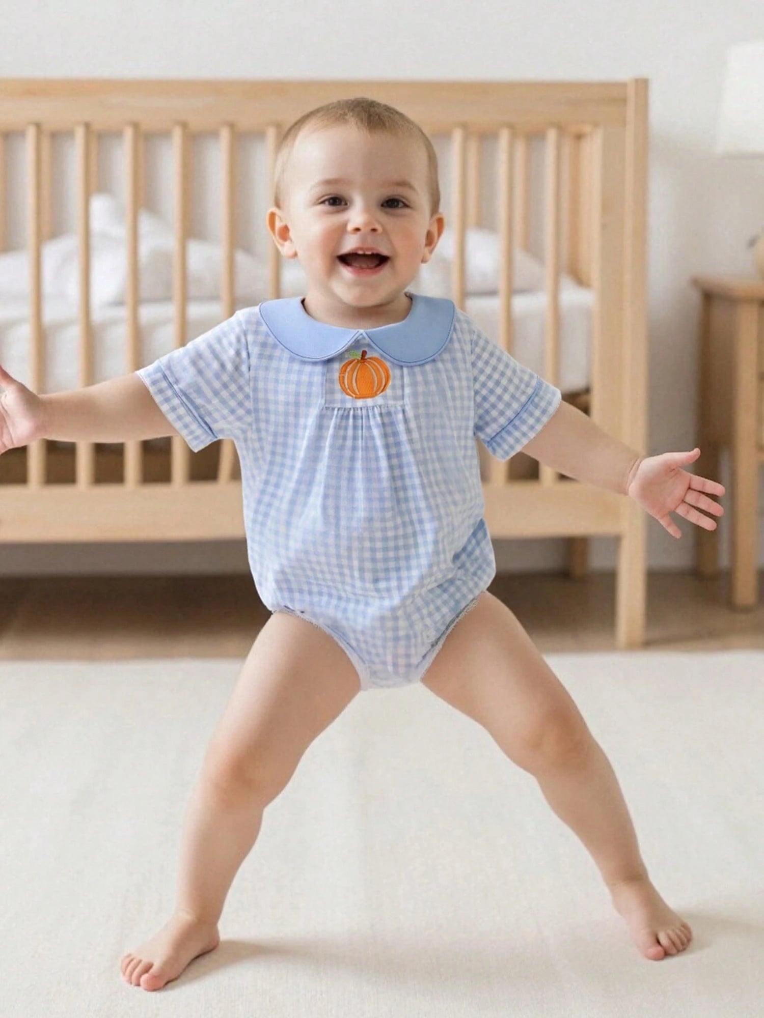 Baby Boy Girl Halloween Bubble Romper Pumpkin Embroidery Gingham Short Sleeve Peter Pan Collar Bodysuit Fall Outfits