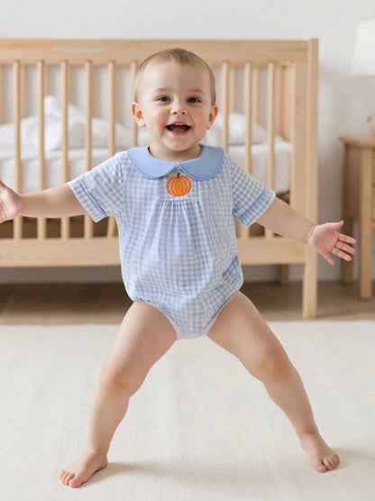 Baby Boy Girl Halloween Bubble Romper Pumpkin Embroidery Gingham Short Sleeve Peter Pan Collar Bodysuit Fall Outfits