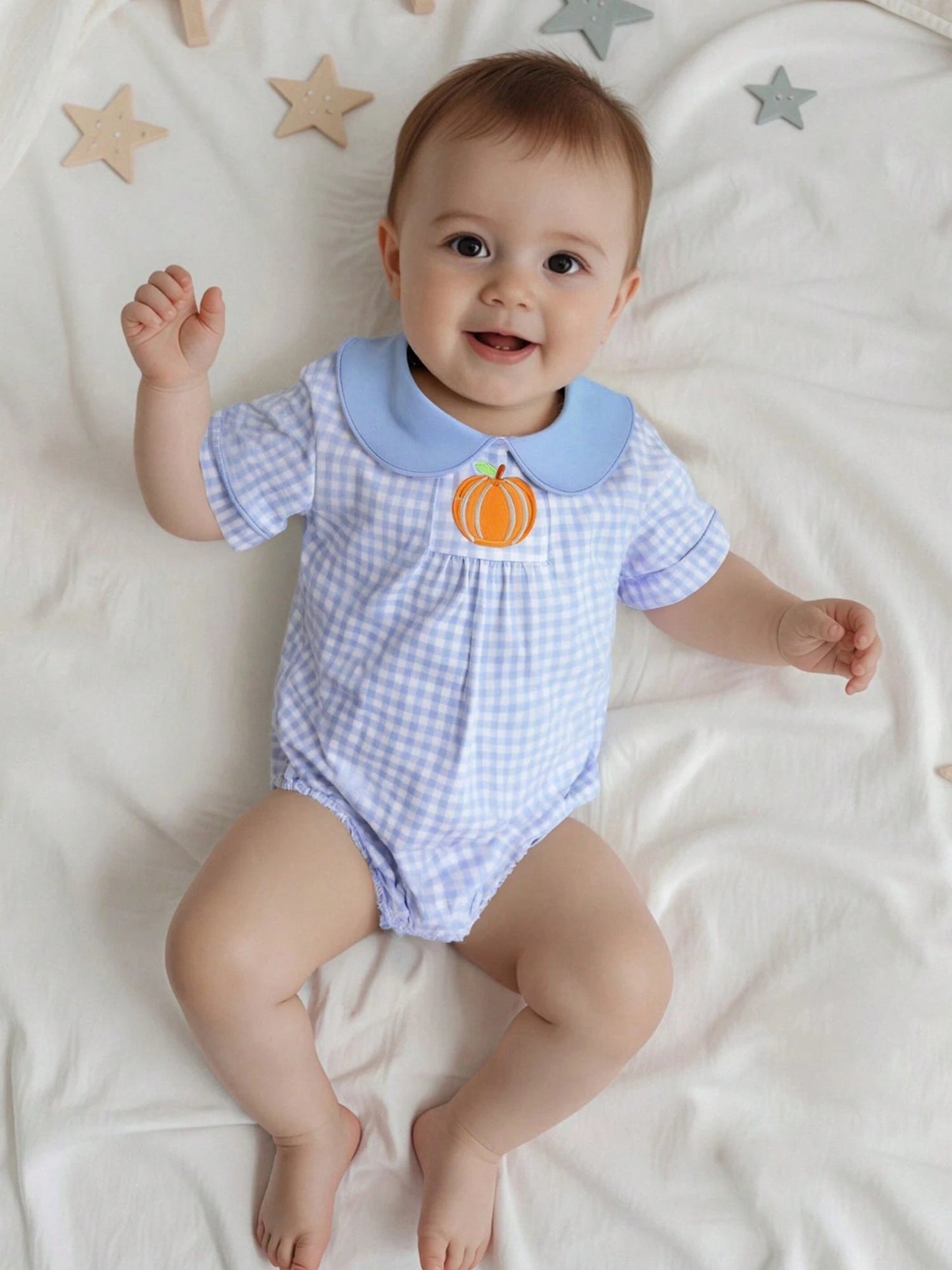 Baby Boy Girl Halloween Bubble Romper Pumpkin Embroidery Gingham Short Sleeve Peter Pan Collar Bodysuit Fall Outfits