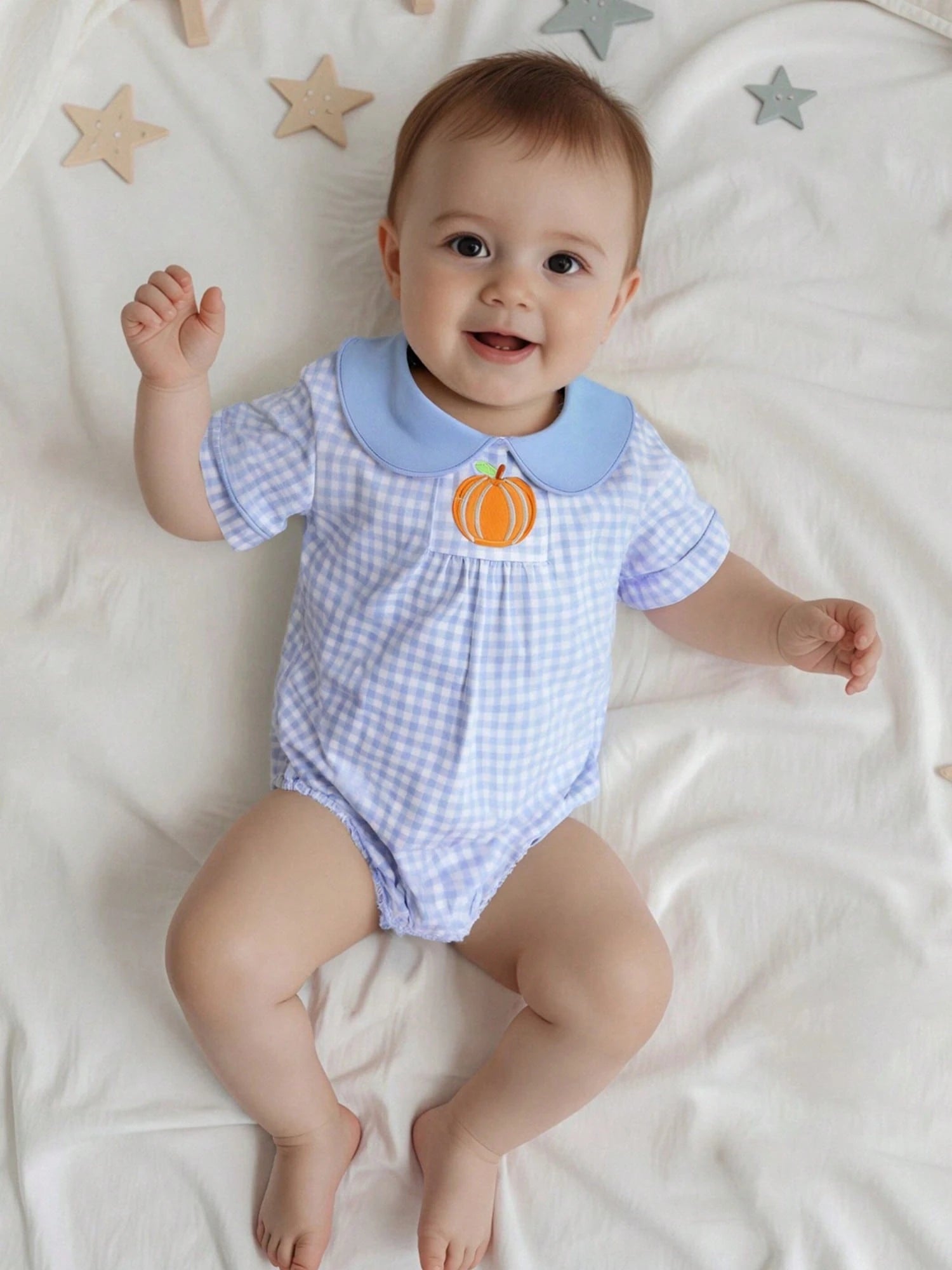 Baby Boy Girl Halloween Bubble Romper Pumpkin Embroidery Gingham Short Sleeve Peter Pan Collar Bodysuit Fall Outfits