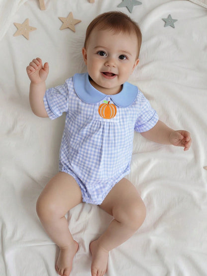 Baby Boy Girl Halloween Bubble Romper Pumpkin Embroidery Gingham Short Sleeve Peter Pan Collar Bodysuit Fall Outfits