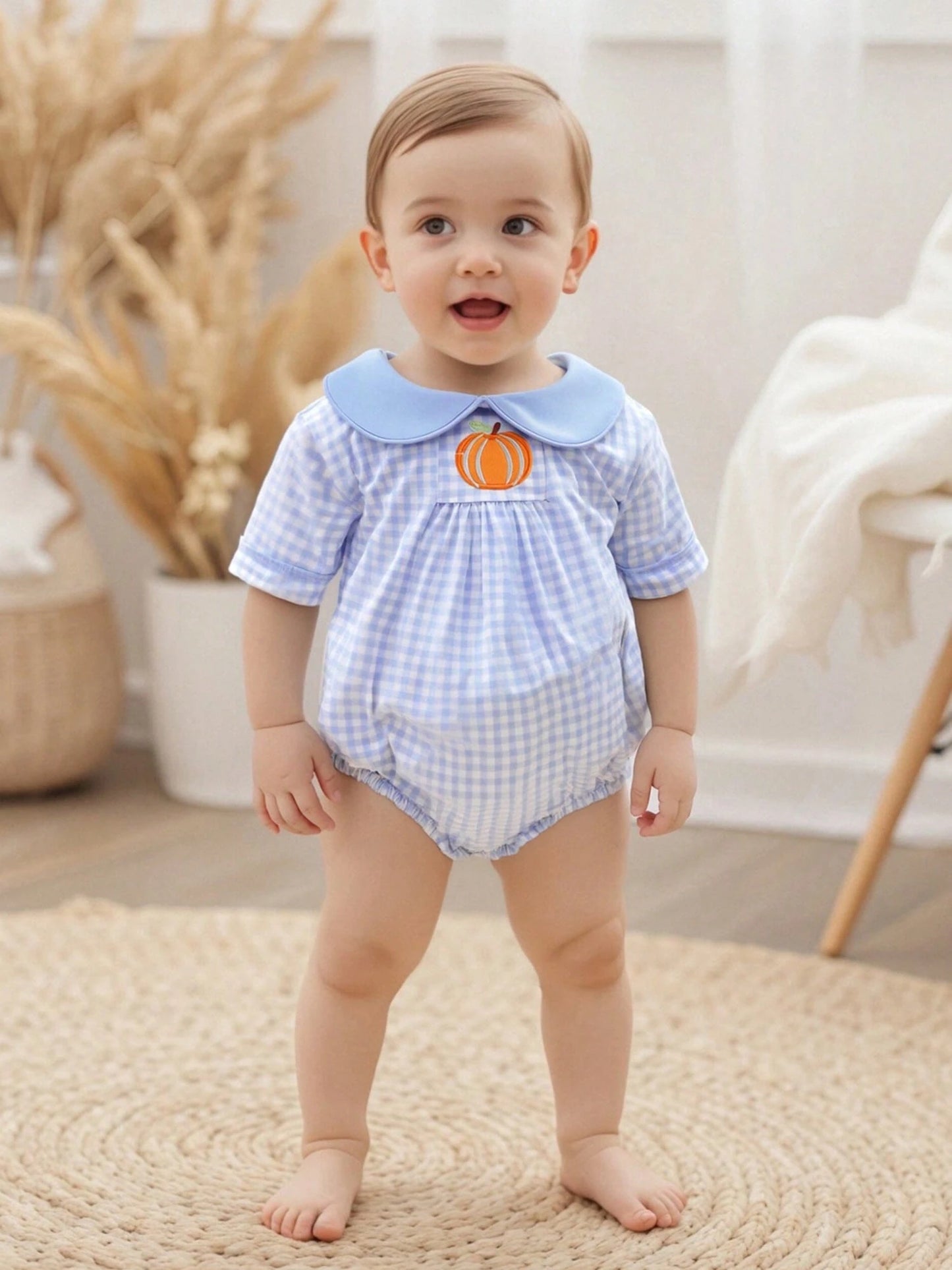 Baby Boy Girl Halloween Bubble Romper Pumpkin Embroidery Gingham Short Sleeve Peter Pan Collar Bodysuit Fall Outfits