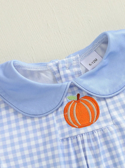 Baby Boy Girl Halloween Bubble Romper Pumpkin Embroidery Gingham Short Sleeve Peter Pan Collar Bodysuit Fall Outfits