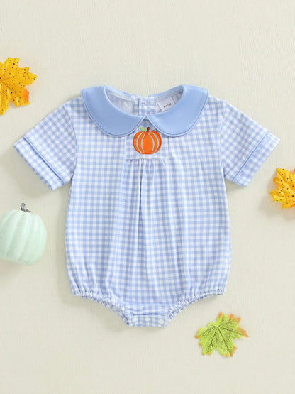 Baby Boy Girl Halloween Bubble Romper Pumpkin Embroidery Gingham Short Sleeve Peter Pan Collar Bodysuit Fall Outfits