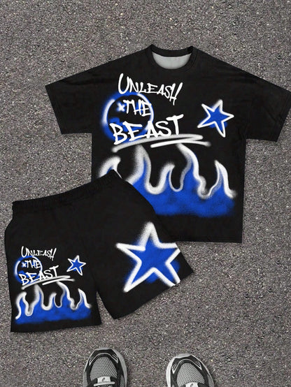 Baby Boy Letter Print Round Neck Short Sleeve T-Shirt And Shorts Casual Racing Minimalist Set, Suitable For Summer Daily Wear Holiday Black