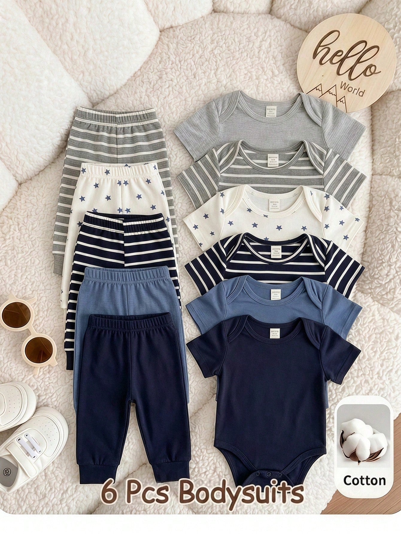 Baby Boy Multi-Piece Striped & Star Pattern Short Sleeve Romper 6-Piece Set (Rompers And Pants Sold Separately)