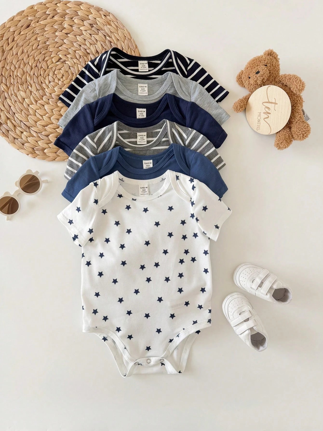 Baby Boy Multi-Piece Striped & Star Pattern Short Sleeve Romper 6-Piece Set (Rompers And Pants Sold Separately)