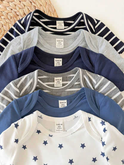 Baby Boy Multi-Piece Striped & Star Pattern Short Sleeve Romper 6-Piece Set (Rompers And Pants Sold Separately)