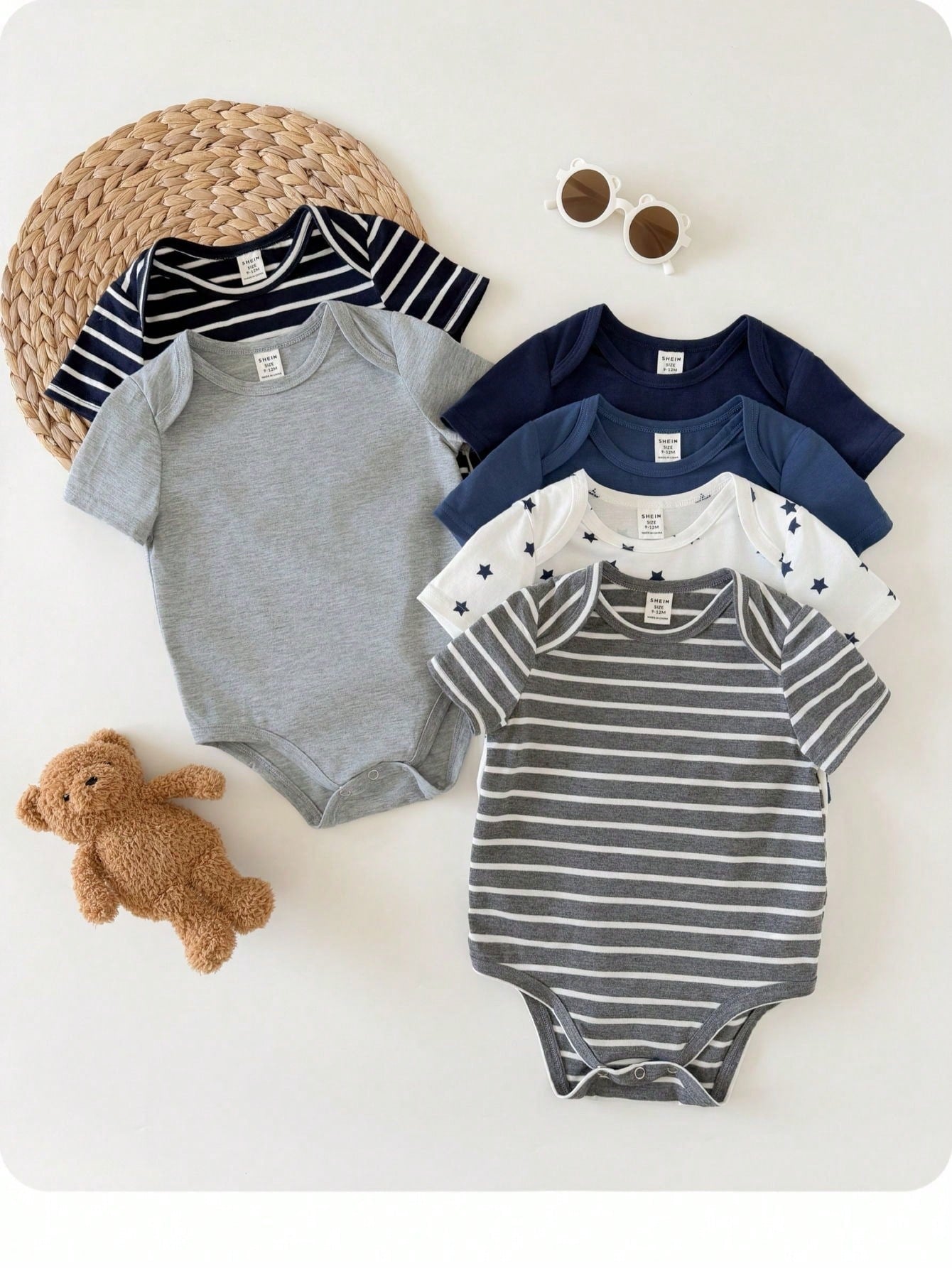 Baby Boy Multi-Piece Striped & Star Pattern Short Sleeve Romper 6-Piece Set (Rompers And Pants Sold Separately)
