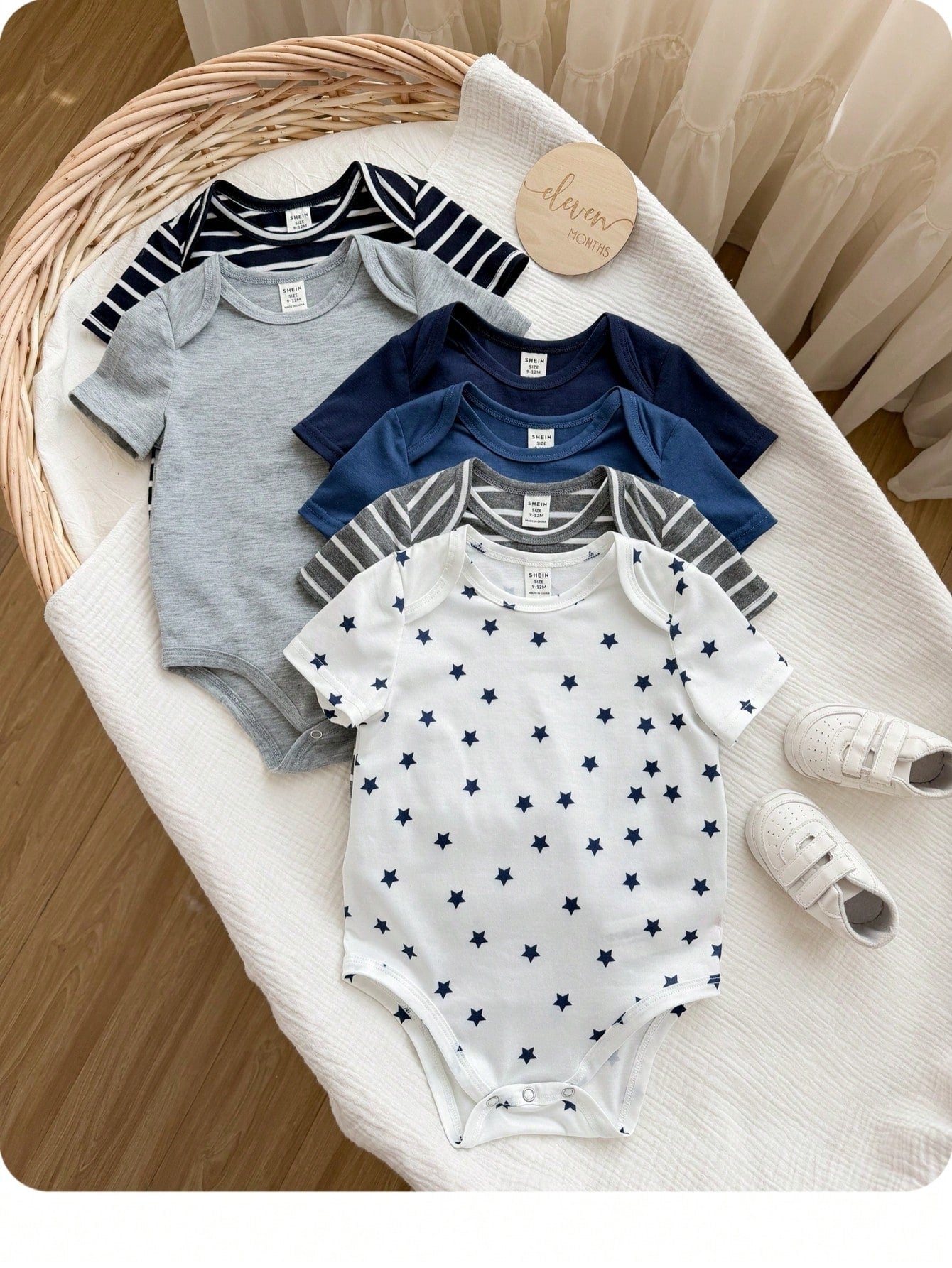 Baby Boy Multi-Piece Striped & Star Pattern Short Sleeve Romper 6-Piece Set (Rompers And Pants Sold Separately)
