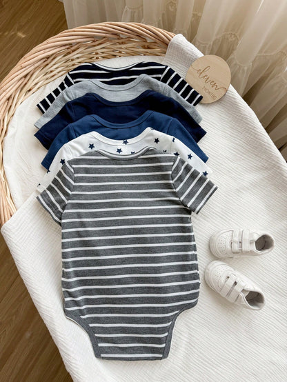 Baby Boy Multi-Piece Striped & Star Pattern Short Sleeve Romper 6-Piece Set (Rompers And Pants Sold Separately)
