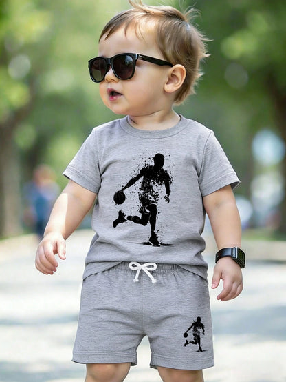 Baby Boy Round Neck Shadow Print Short Sleeve T-Shirt And Shorts Casual Daily Outfit