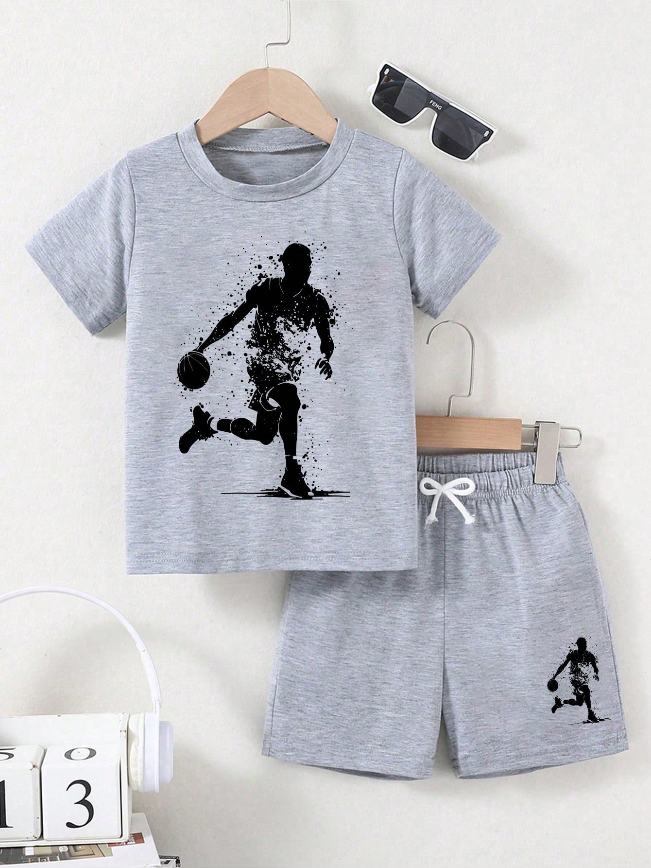 Baby Boy Round Neck Shadow Print Short Sleeve T-Shirt And Shorts Casual Daily Outfit