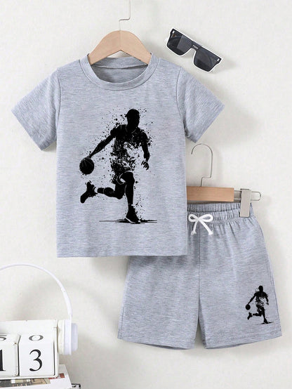 Baby Boy Round Neck Shadow Print Short Sleeve T-Shirt And Shorts Casual Daily Outfit