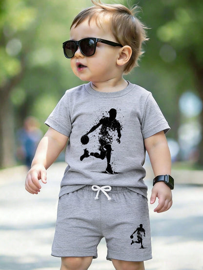 Baby Boy Round Neck Shadow Print Short Sleeve T-Shirt And Shorts Casual Daily Outfit