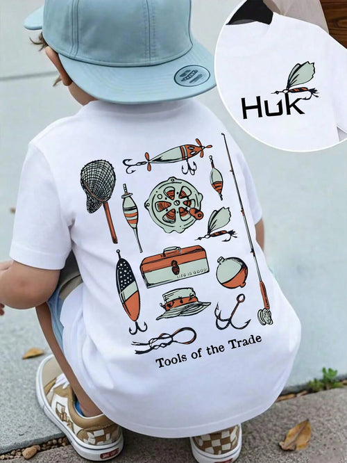 Baby Boy Short Sleeved Loose Round Neck T-Shirt With Huk Tools Of The Trade Fishing Gear Printed Pattern Suitable For Summer Wear