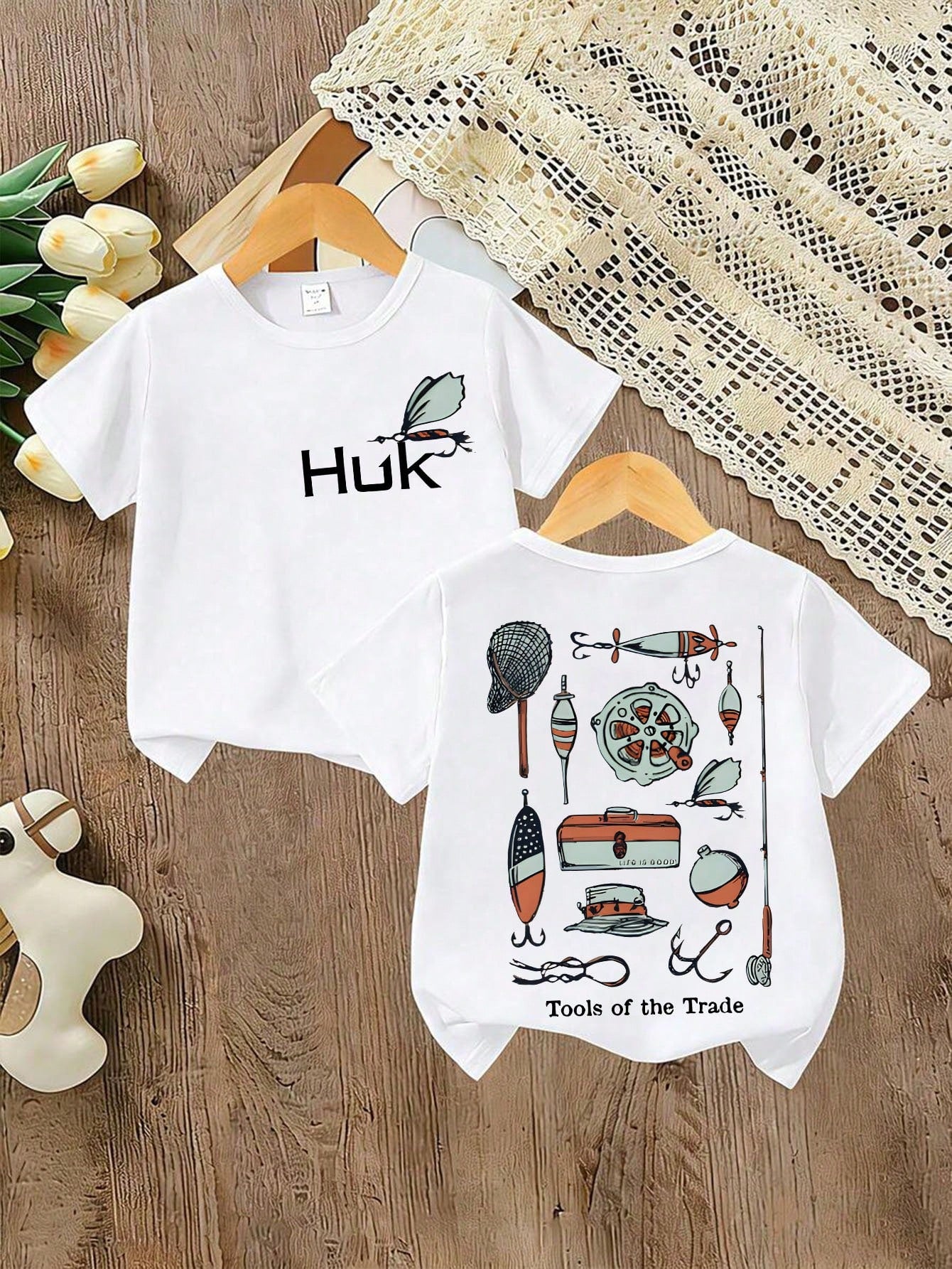 Baby Boy Short Sleeved Loose Round Neck T-Shirt With Huk Tools Of The Trade Fishing Gear Printed Pattern Suitable For Summer Wear