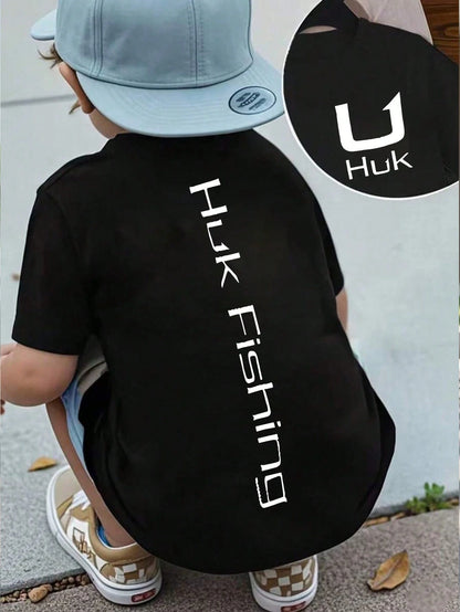 Baby Boy Short Sleeved Loose Round Neck T-Shirt With Huk Tools Of The Trade Fishing Gear Printed Pattern Suitable For Summer Wear