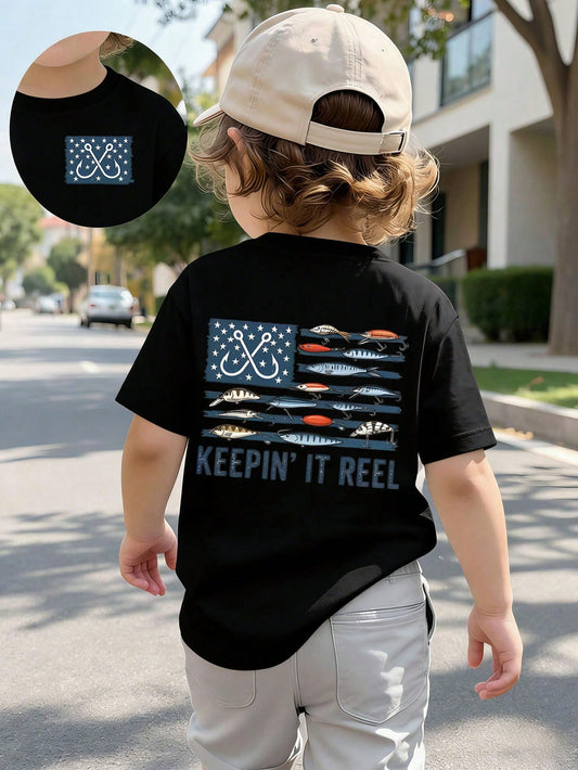 Baby Boy Short Sleeved Loose Round Neck T-Shirt With"Keepin' It Reel" American Flag Lure Printed Pattern Suitable For Summer Wear
