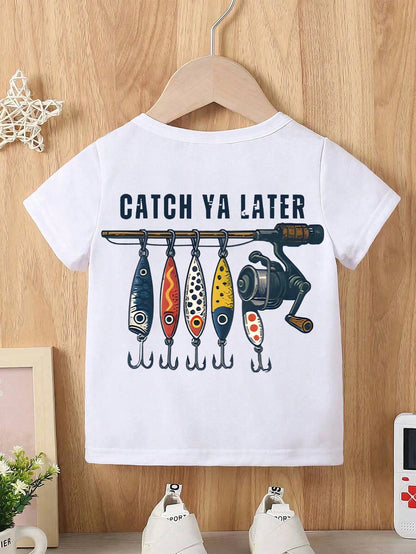 Baby Boy Short Sleeved Loose Round Neck T-Shirt With"Keepin' It Reel" American Flag Lure Printed Pattern Suitable For Summer Wear