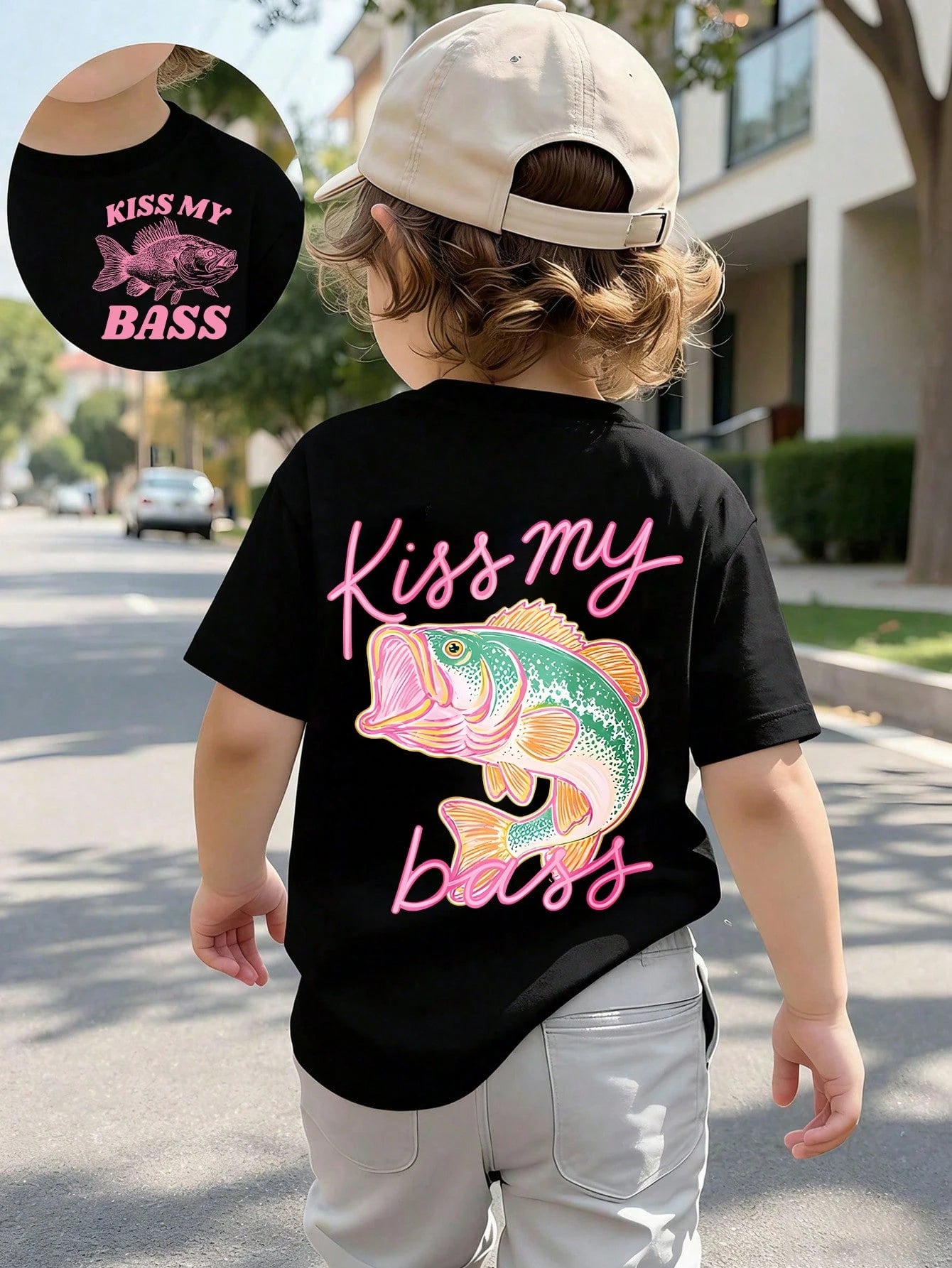Baby Boy Short Sleeved Loose Round Neck T-Shirt With "Kiss My Bass" Funny Fishing Printed Pattern Suitable For Summer Wear