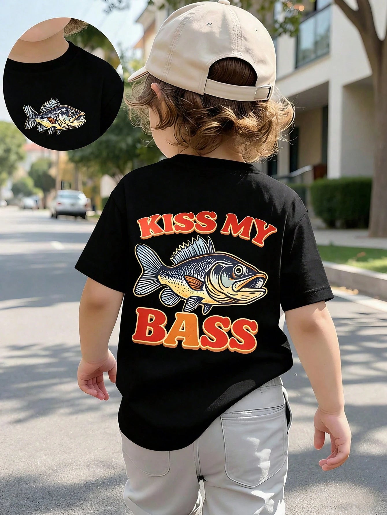 Baby Boy Short Sleeved Loose Round Neck T-Shirt With "Kiss My Bass" Funny Fishing Printed Pattern Suitable For Summer Wear