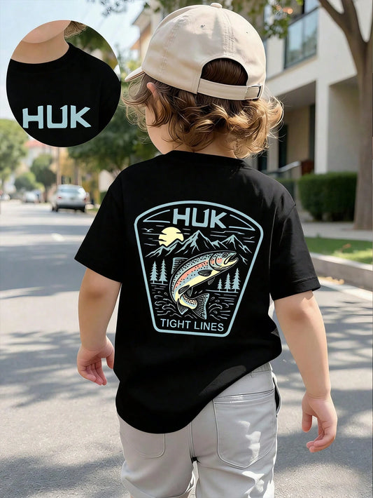 Baby Boy Short Sleeved Loose Round Neck T-Shirt WithHUK "Tight Lines" Trout Fishing Printed Pattern Suitable For Summer Wear