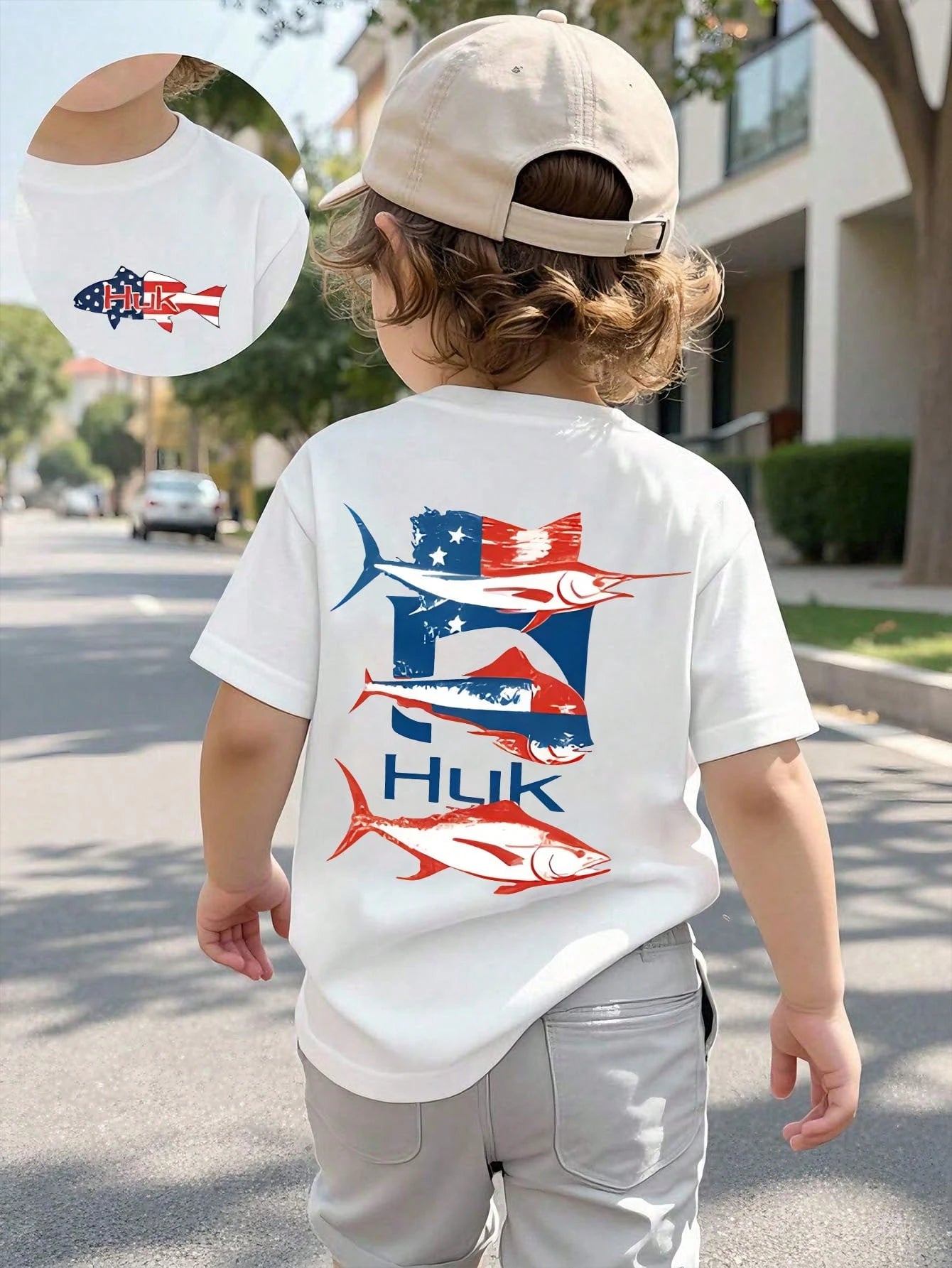 Baby Boy Short Sleeved Loose Round Neck T-Shirt WithHUK "Tight Lines" Trout Fishing Printed Pattern Suitable For Summer Wear