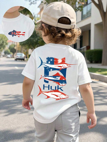 Baby Boy Short Sleeved Loose Round Neck T-Shirt WithHUK "Tight Lines" Trout Fishing Printed Pattern Suitable For Summer Wear