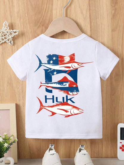 Baby Boy Short Sleeved Loose Round Neck T-Shirt WithHUK "Tight Lines" Trout Fishing Printed Pattern Suitable For Summer Wear