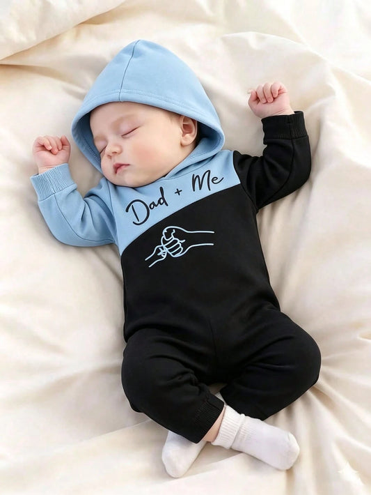 Baby Boy Simple Letter Pattern Colorblock Thin Hooded Romper Jumpsuit
