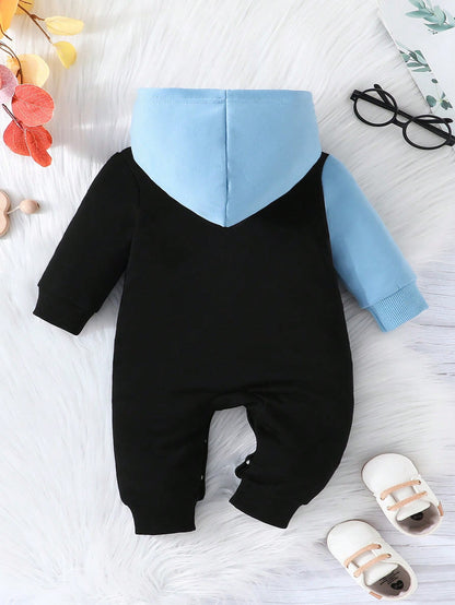 Baby Boy Simple Letter Pattern Colorblock Thin Hooded Romper Jumpsuit