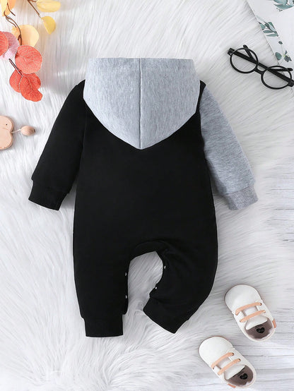Baby Boy Simple Letter Pattern Colorblock Thin Hooded Romper Jumpsuit