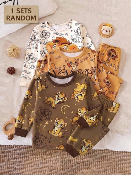 Baby Boy Snug Fit Pajama Cartoon Animal Pattern Knitted Soft Crew Neck Long Sleeve Pullover Top Elastic Waist Long Pants Tight Two Pieces Set