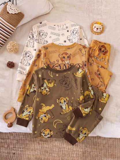 Baby Boy Snug Fit Pajama Cartoon Animal Pattern Knitted Soft Crew Neck Long Sleeve Pullover Top Elastic Waist Long Pants Tight Two Pieces Set