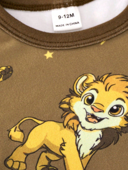 Baby Boy Snug Fit Pajama Cartoon Animal Pattern Knitted Soft Crew Neck Long Sleeve Pullover Top Elastic Waist Long Pants Tight Two Pieces Set